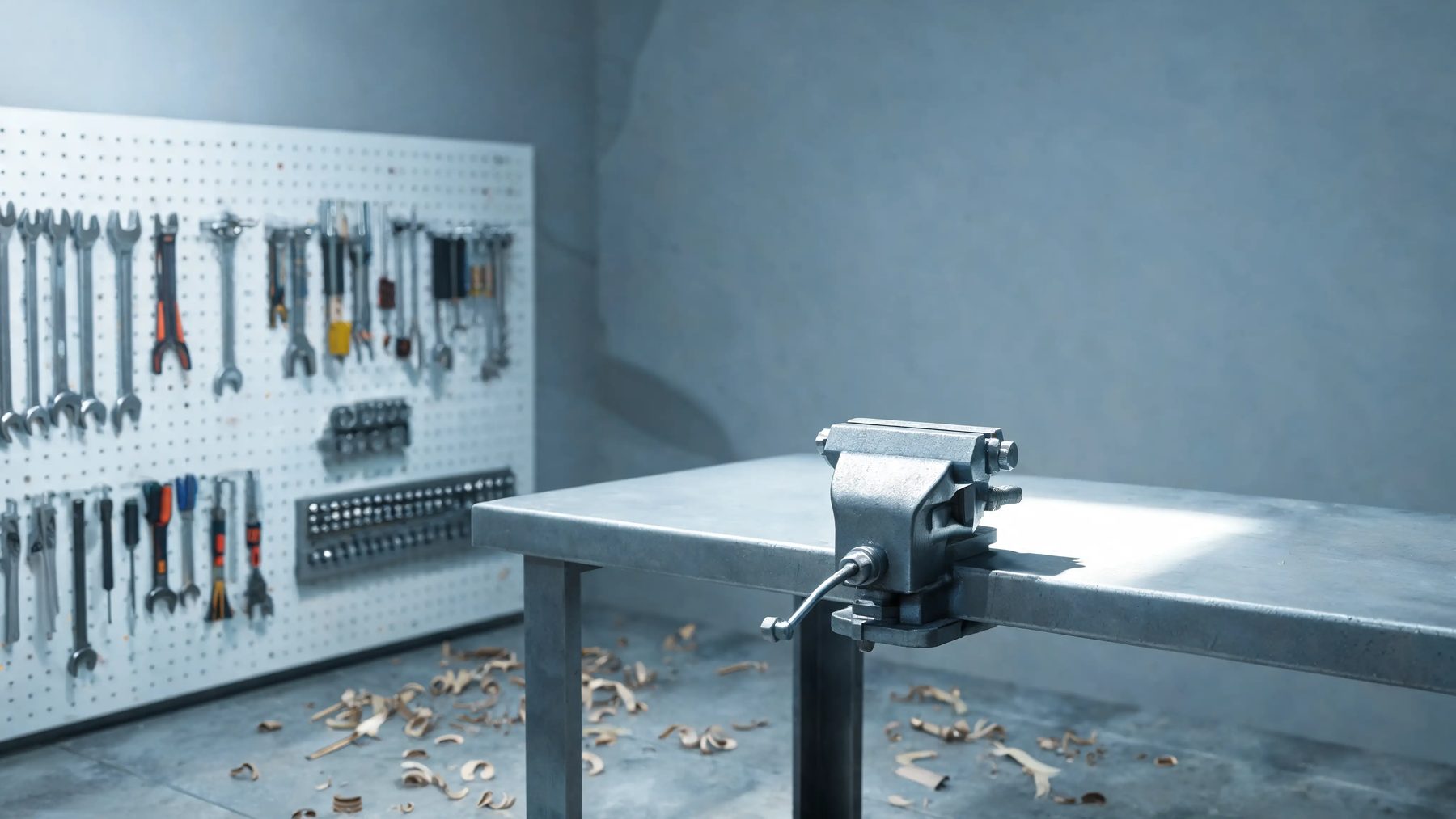 Shop corner with a pegboard wall, a bench vice and shavings on the floor